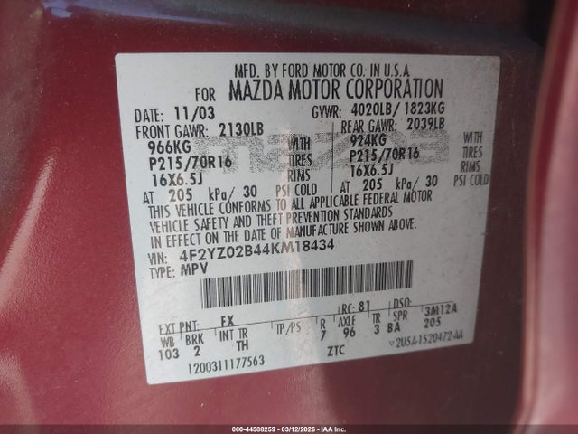 Продаж на аукціоні авто 2004 Mazda Tribute Dx, vin: 4F2YZ02B44KM18434, номер лоту: 44588259