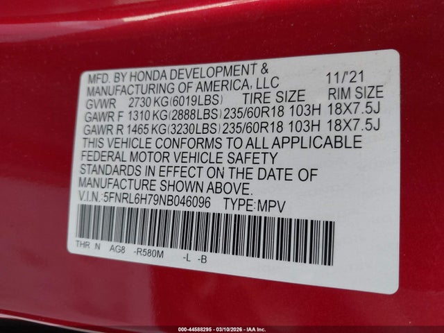 2022 HONDA ODYSSEY 5FNRL6H79NB046096 Photo 8