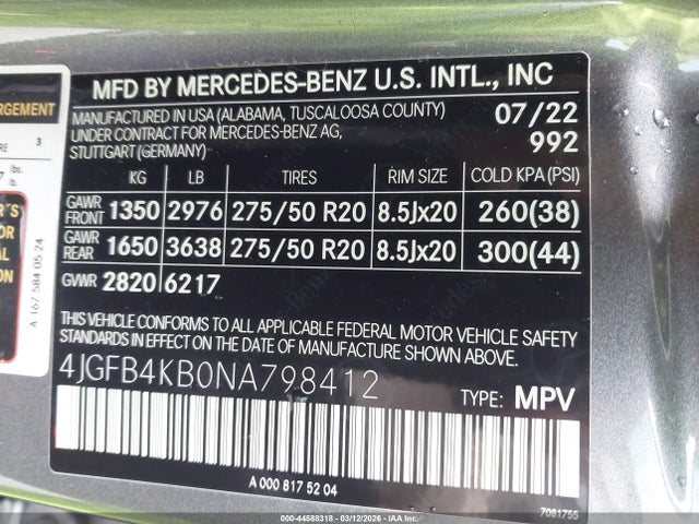 Aukcja sprzedaży 2022 Mercedes-benz Gle 350 4matic, vin: 4JGFB4KB0NA798412, numer aukcji: 44588318