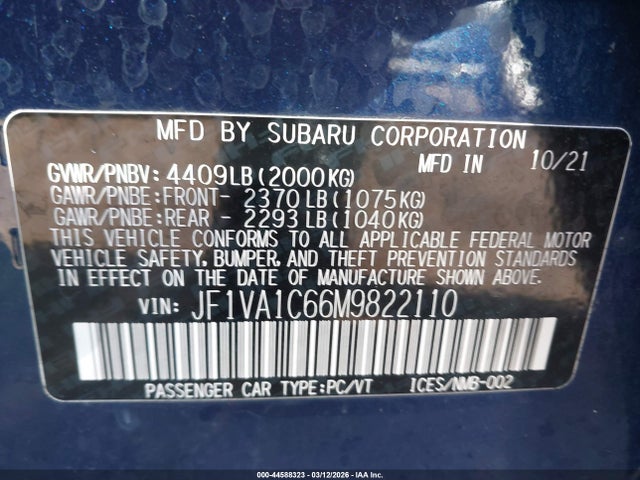 Aukcja sprzedaży 2021 Subaru Wrx Premium, vin: JF1VA1C66M9822110, numer aukcji: 44588323
