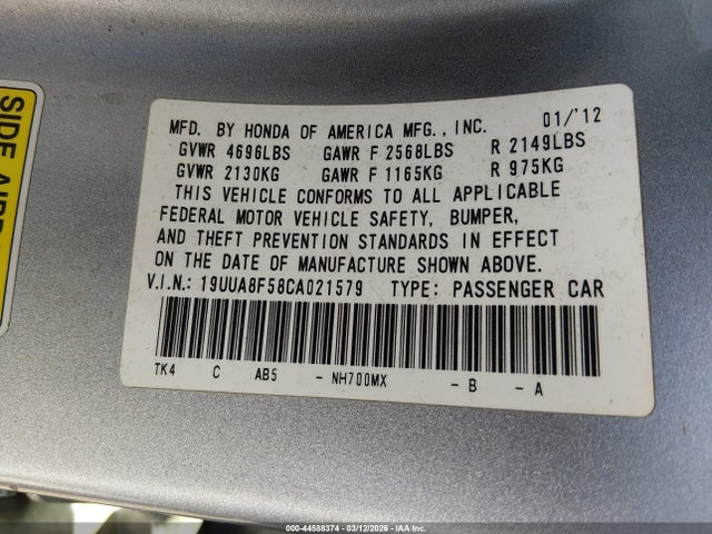 44588374 :رقم المزاد ، 19UUA8F58CA021579 vin ، 2012 Acura Tl 3.5 مزاد بيع
