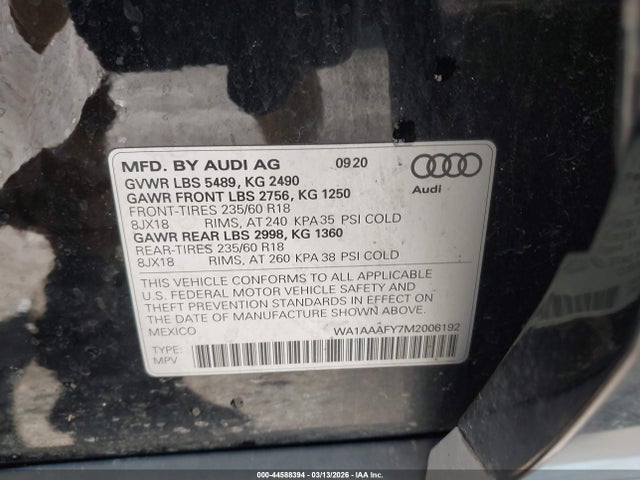 Auction sale of the 2021 Audi Q5 Premium 45 Tfsi Quattro S Tronic, vin: WA1AAAFY7M2006192, lot number: 44588394