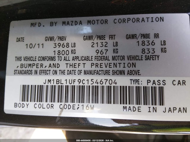 Aukcja sprzedaży 2012 Mazda Mazda3 I Sport, vin: JM1BL1UF9C1546704, numer aukcji: 44588408