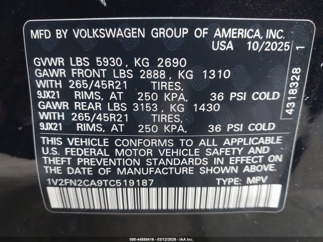 44588416 :رقم المزاد ، 1V2FN2CA9TC519187 vin ، 2026 Volkswagen Atlas Sel Premium R-line مزاد بيع