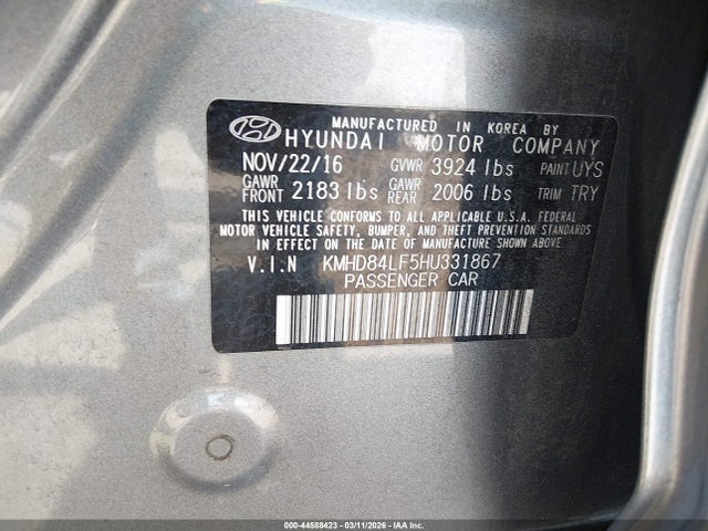 Продаж на аукціоні авто 2017 Hyundai Elantra Limited, vin: KMHD84LF5HU331867, номер лоту: 44588423