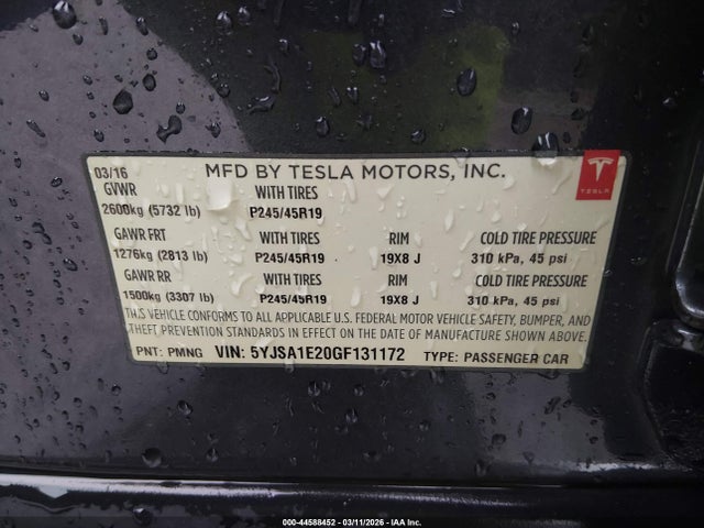 Продажа на аукционе авто 2016 Tesla Model S 60d/70d/75d/85d/90d, vin: 5YJSA1E20GF131172, номер лота: 44588452