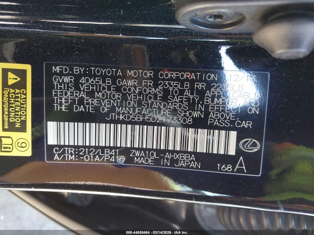 44588464 :رقم المزاد ، JTHKD5BH5D2173308 vin ، 2013 Lexus Ct 200h مزاد بيع