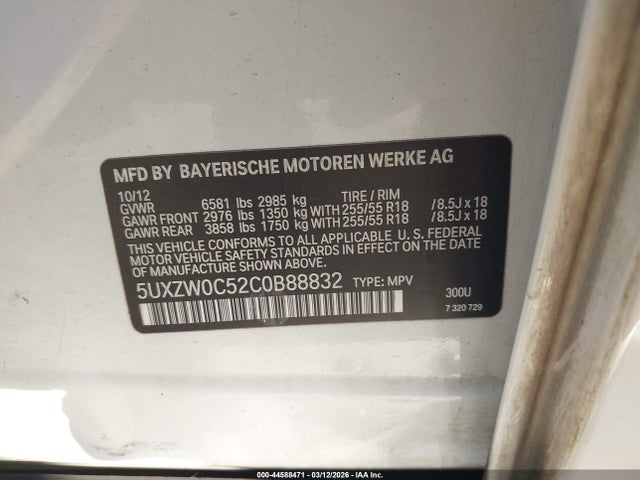 Aukcja sprzedaży 2012 Bmw X5 Xdrive35d, vin: 5UXZW0C52C0B88832, numer aukcji: 44588471