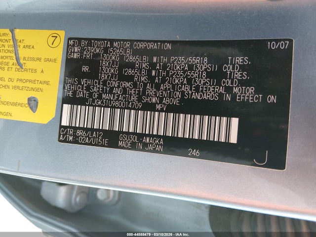 44588479 :رقم المزاد ، JTJGK31U980014709 vin ، 2008 Lexus Rx 350 مزاد بيع