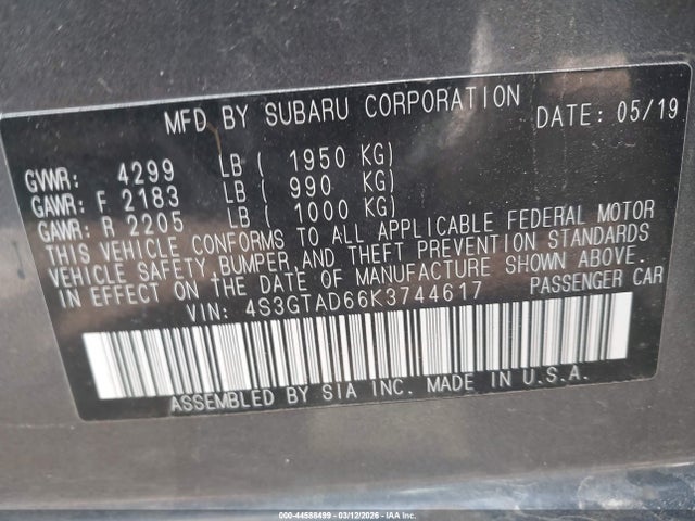 Aukcja sprzedaży 2019 Subaru Impreza 2.0i Premium, vin: 4S3GTAD66K3744617, numer aukcji: 44588499
