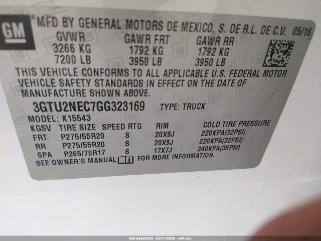 Продаж на аукціоні авто 2016 Gmc Sierra 1500 Slt, vin: 3GTU2NEC7GG323169, номер лоту: 44588528