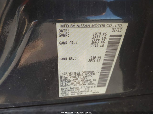 Продаж на аукціоні авто 2013 Nissan Altima 2.5 Sl, vin: 1N4AL3APXDC215808, номер лоту: 44588531