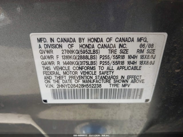 2008 Acura Mdx Technology Package მანქანა იყიდება აუქციონზე, vin: 2HNYD28428H552238, აუქციონის ნომერი: 44588533