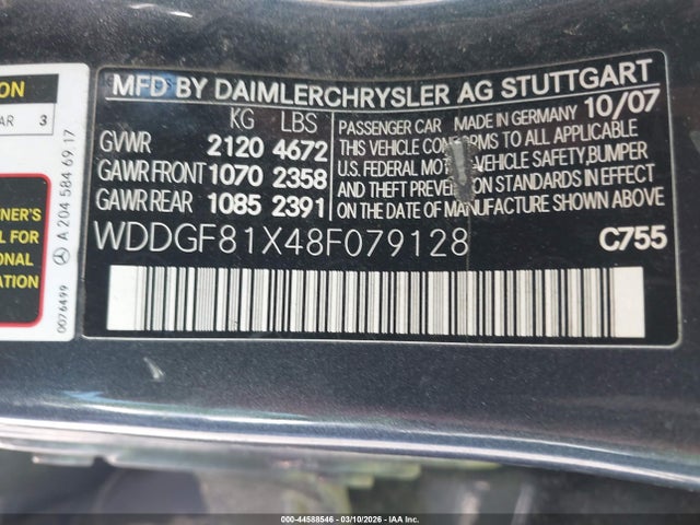 44588546 :رقم المزاد ، WDDGF81X48F079128 vin ، 2008 Mercedes-benz C 300 Luxury 4matic/sport 4matic مزاد بيع