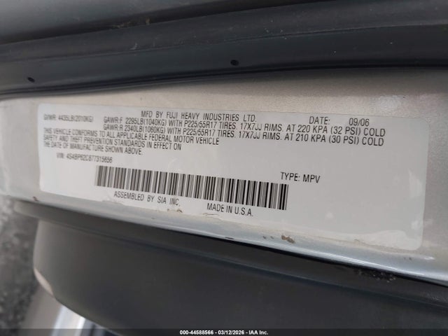 Aukcja sprzedaży 2007 Subaru Outback 2.5i Limited, vin: 4S4BP62C877315656, numer aukcji: 44588566