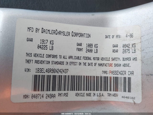2006 Dodge Stratus Sxt მანქანა იყიდება აუქციონზე, vin: 1B3EL46R96N242437, აუქციონის ნომერი: 44588573
