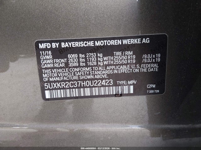 44588584 :رقم المزاد ، 5UXKR2C37H0U22423 vin ، 2017 Bmw X5 Sdrive35i مزاد بيع