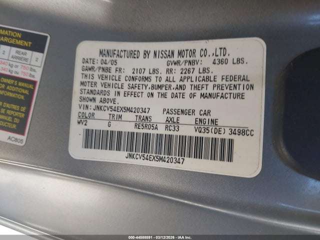 Aukcja sprzedaży 2005 Infiniti G35, vin: JNKCV54EX5M420347, numer aukcji: 44588591