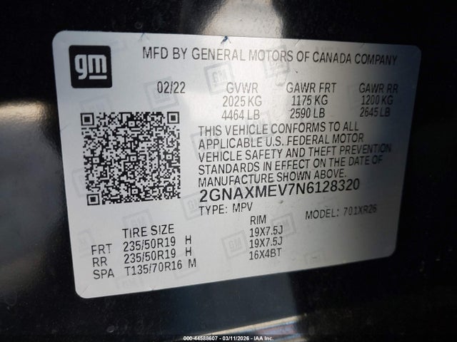 2GNAXMEV7N6128320 Chevrolet Equinox Fwd Rs