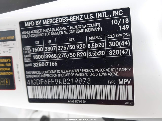 44588635 :رقم المزاد ، 4JGDF6EE9KB219873 vin ، 2019 Mercedes-benz Gls 450 4matic مزاد بيع