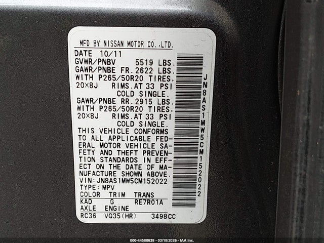 44588638 :رقم المزاد ، JN8AS1MW5CM152022 vin ، 2012 Infiniti Fx35 مزاد بيع