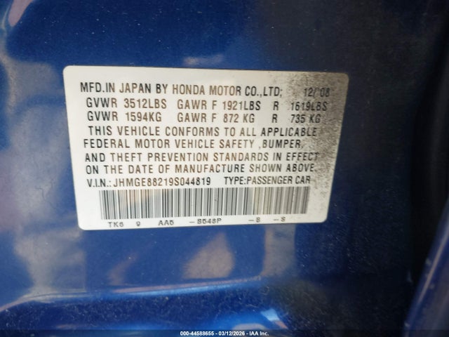 2009 HONDA FIT JHMGE88219S044819 Photo 8
