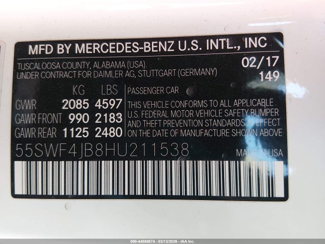 44588674 :رقم المزاد ، 55SWF4JB8HU211538 vin ، 2017 Mercedes-benz C 300 مزاد بيع