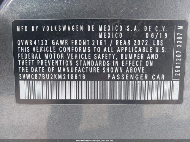44588679 :رقم المزاد ، 3VWCB7BU2KM218616 vin ، 2019 Volkswagen Jetta 1.4t R-line/1.4t S/1.4t Se مزاد بيع