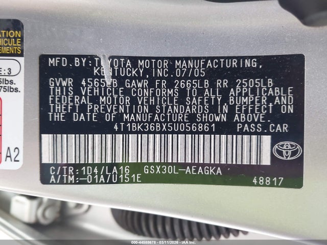 2005 Toyota Avalon Xls მანქანა იყიდება აუქციონზე, vin: 4T1BK36BX5U056861, აუქციონის ნომერი: 44588678