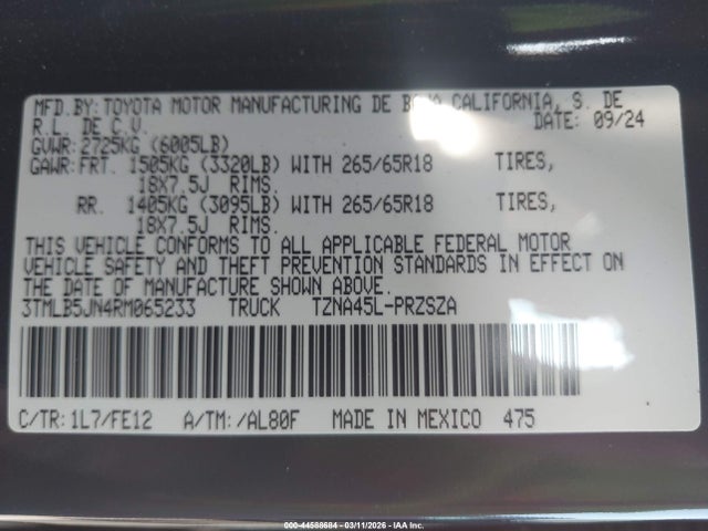 Продаж на аукціоні авто 2024 Toyota Tacoma Trd Sport, vin: 3TMLB5JN4RM065233, номер лоту: 44588684
