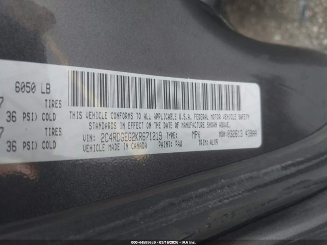 Aukcja sprzedaży 2019 Dodge Grand Caravan Gt, vin: 2C4RDGEG2KR671219, numer aukcji: 44588689