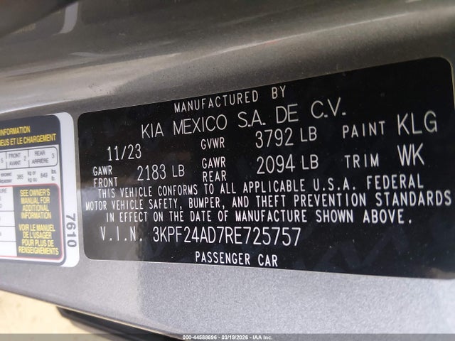 Продаж на аукціоні авто 2024 Kia Forte Lxs, vin: 3KPF24AD7RE725757, номер лоту: 44588696