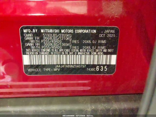 44588698 :رقم المزاد ، JA4J4TA89NZ040797 vin ، 2022 Mitsubishi Outlander Es 2.5 S-awc مزاد بيع