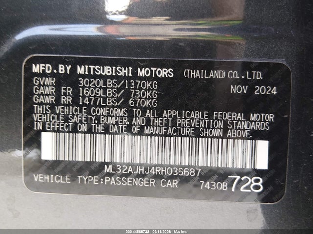 Продаж на аукціоні авто 2024 Mitsubishi Mirage Le, vin: ML32AUHJ4RH036687, номер лоту: 44588738