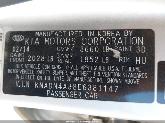 44588742 :رقم المزاد ، KNADN4A38E6381147 vin ، 2014 Kia Rio Ex مزاد بيع