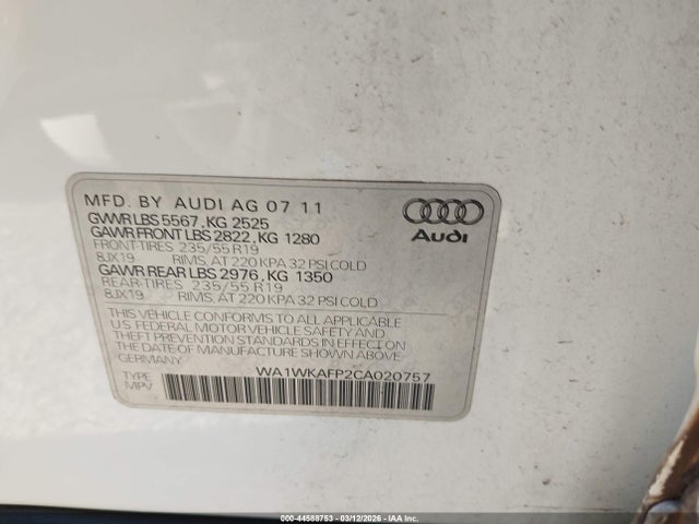 Продаж на аукціоні авто 2012 Audi Q5 3.2 Premium, vin: WA1WKAFP2CA020757, номер лоту: 44588753