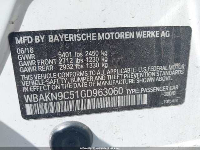 Aukcja sprzedaży 2016 Bmw 550i, vin: WBAKN9C51GD963060, numer aukcji: 44588759