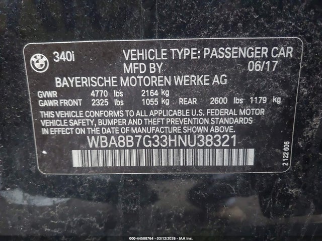 Aukcja sprzedaży 2017 Bmw 340i Xdrive, vin: WBA8B7G33HNU38321, numer aukcji: 44588764