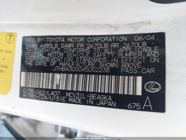 Aukcja sprzedaży 2004 Lexus Es 330, vin: JTHBA30G045052238, numer aukcji: 44588769