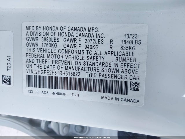 Honda Civic Sport 2024 2HGFE2F51RH515822 Image 9
