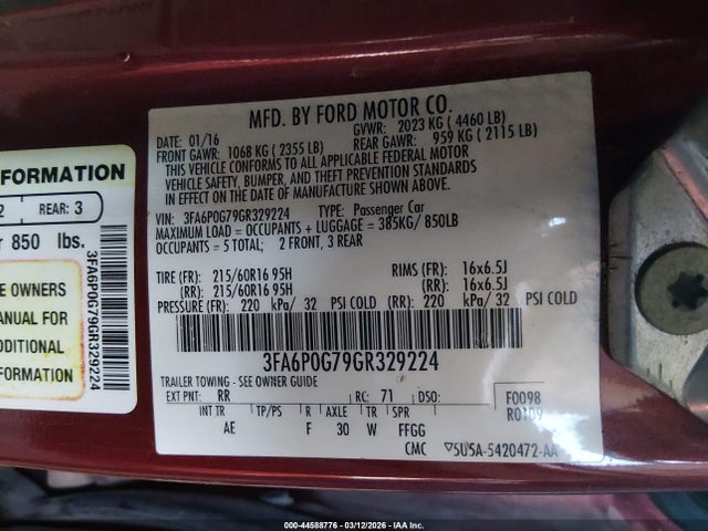 Ford FUSION S 2016 3FA6P0G79GR329224 Image 9