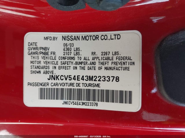 Auction sale of the 2003 Infiniti G35 Base W/leather, vin: JNKCV54E43M223378, lot number: 44588887