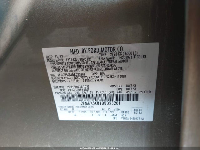 Auction sale of the 2013 Ford Flex Sel, vin: 2FMGK5C81DBD25201, lot number: 44588907