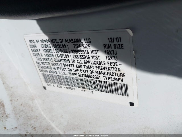 2008 Honda Odyssey Ex-l მანქანა იყიდება აუქციონზე, vin: 5FNRL38778B022981, აუქციონის ნომერი: 44588918
