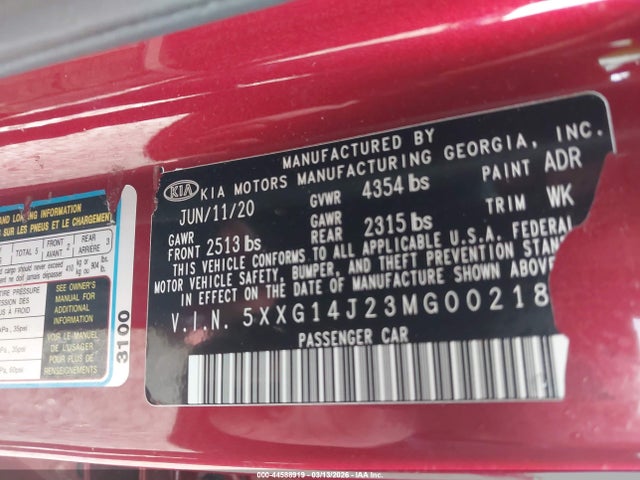 Продажа на аукционе авто 2021 Kia K5 Lxs, vin: 5XXG14J23MG002185, номер лота: 44588919