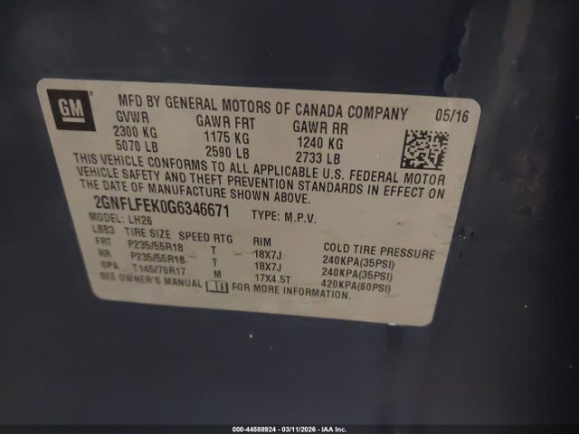 Продаж на аукціоні авто 2016 Chevrolet Equinox Lt, vin: 2GNFLFEK0G6346671, номер лоту: 44588924