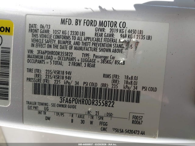 2013 Ford Fusion Se მანქანა იყიდება აუქციონზე, vin: 3FA6P0HR0DR355822, აუქციონის ნომერი: 44588937