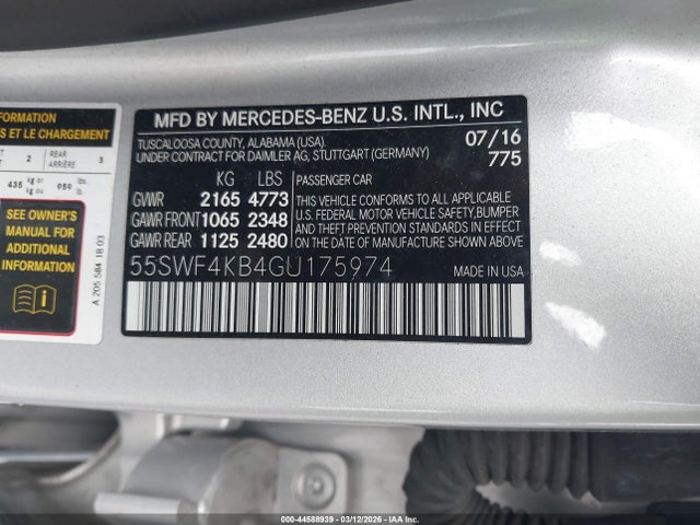 Продажа на аукционе авто 2016 Mercedes-benz C 300 4matic, vin: 55SWF4KB4GU175974, номер лота: 44588939