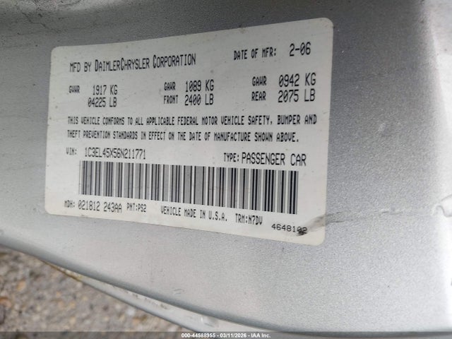 Продажа на аукционе авто 2006 Chrysler Sebring, vin: 1C3EL45X56N211771, номер лота: 44588955