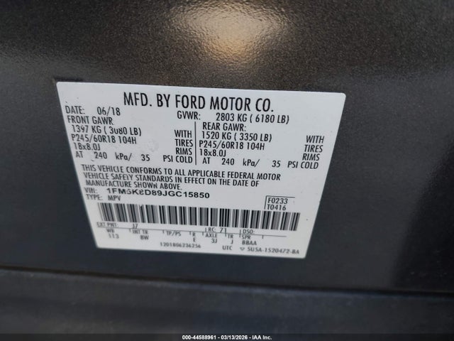 1FM5K8D89JGC15850 Ford EXPLORER XLT